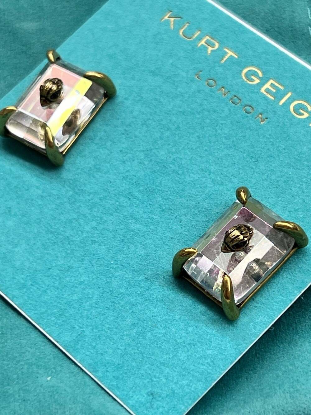 Kurt Geiger London Crystal Eagle Head Rectangular Stud Earrings Gold NWT